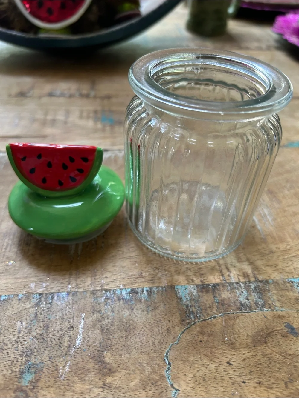 Watermelon-Top Green Lid Glass Spice Jar - Decorative Kitchen NWOT Canister
